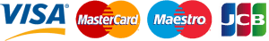 Credit card logos. Visa. Mastercard. Maestro. JCB.